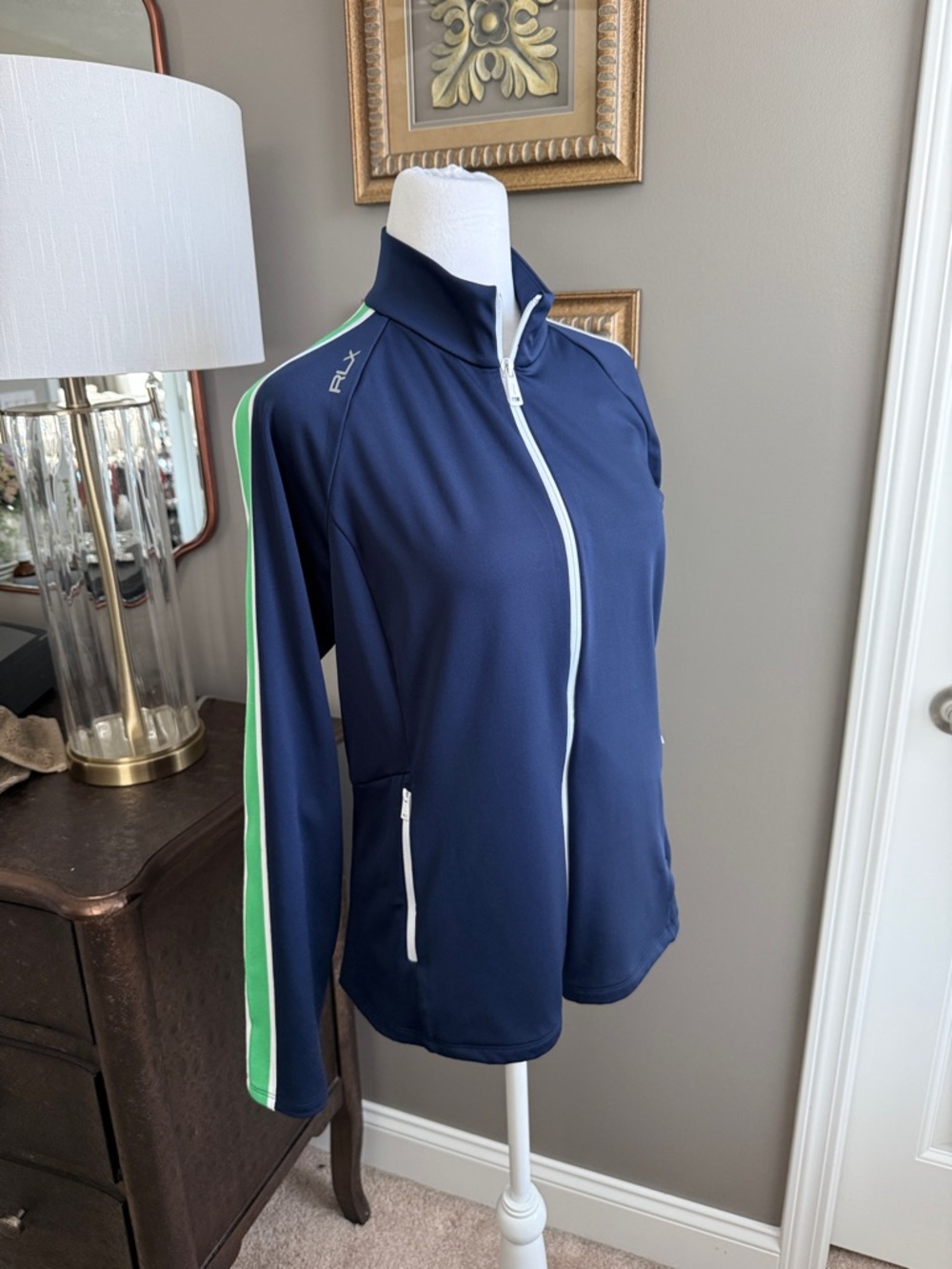 RLX Ralph Lauren Navy Zip-Front Bomber Jacket with Green Stripe
